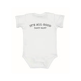 "It's All Good Baby Baby" Tee – Heather Light Gray T-Shirt with Back Print + Heart Front Chest Logo – Matching Baby Onesie Available