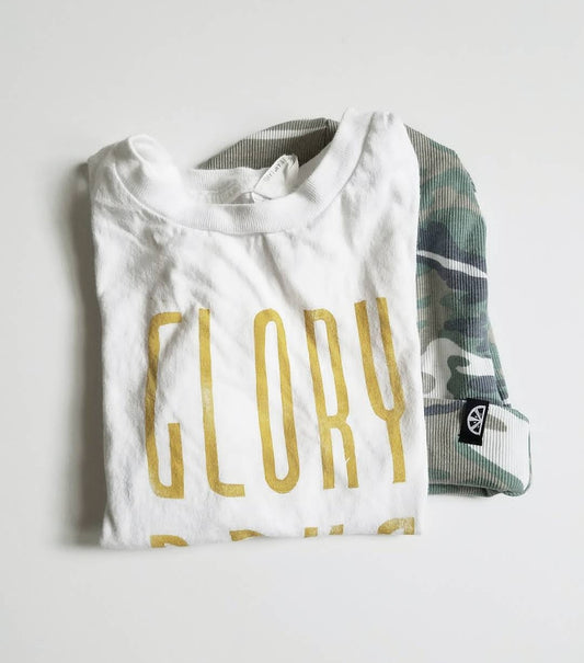 Glory Days toddler tee in vintage gold